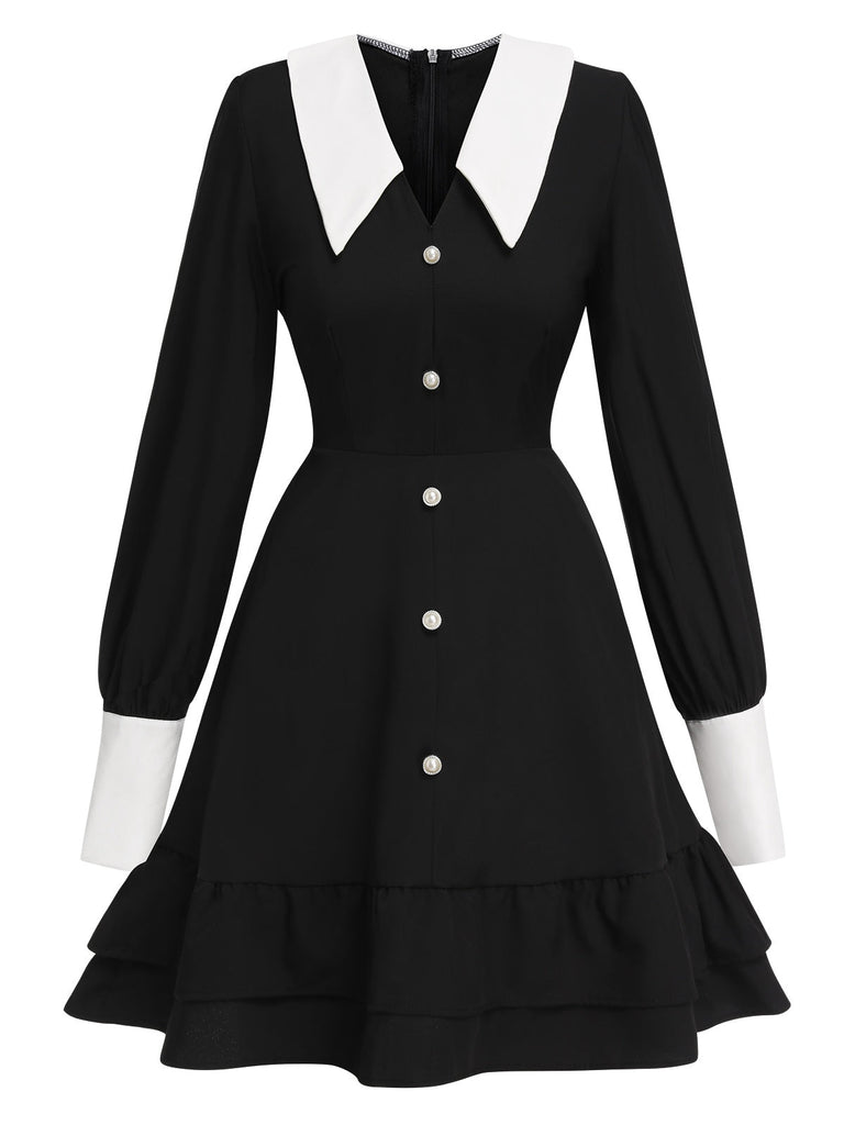 Robe patineuse noire et blanche à col de poupée des années 1960