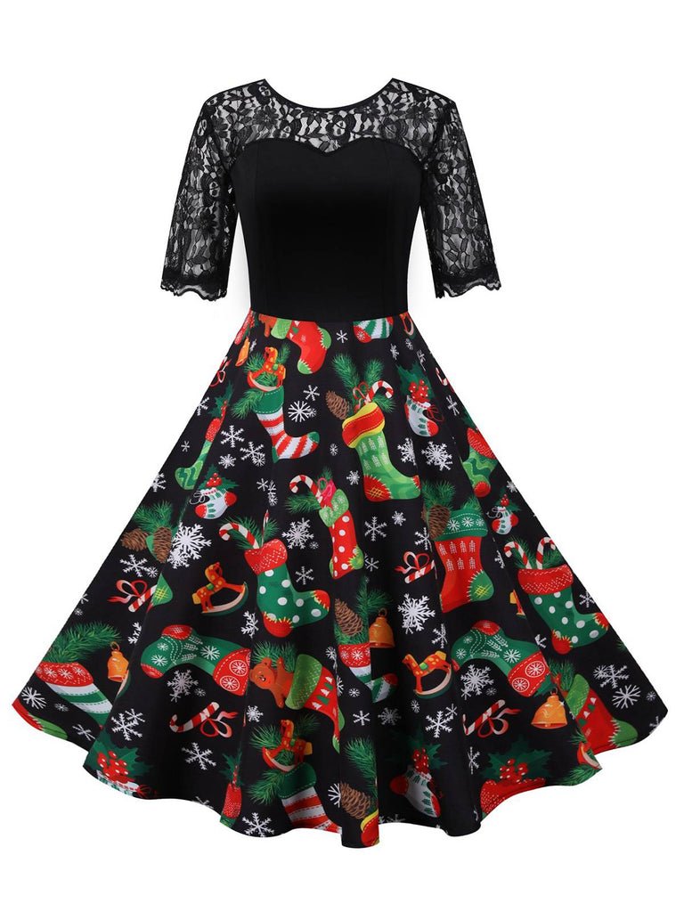 Robe noire patchwork en dentelle avec bas de Noël des années 1950