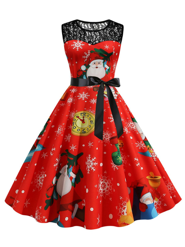 Robe patchwork en dentelle rouge du Père Noël des années 1950