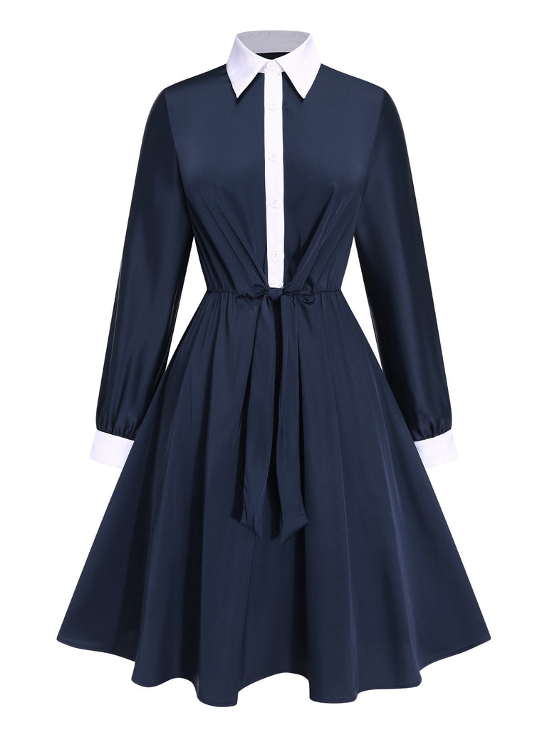 [Pré-vente] Robe à lacets en satin bleu à revers des années 40