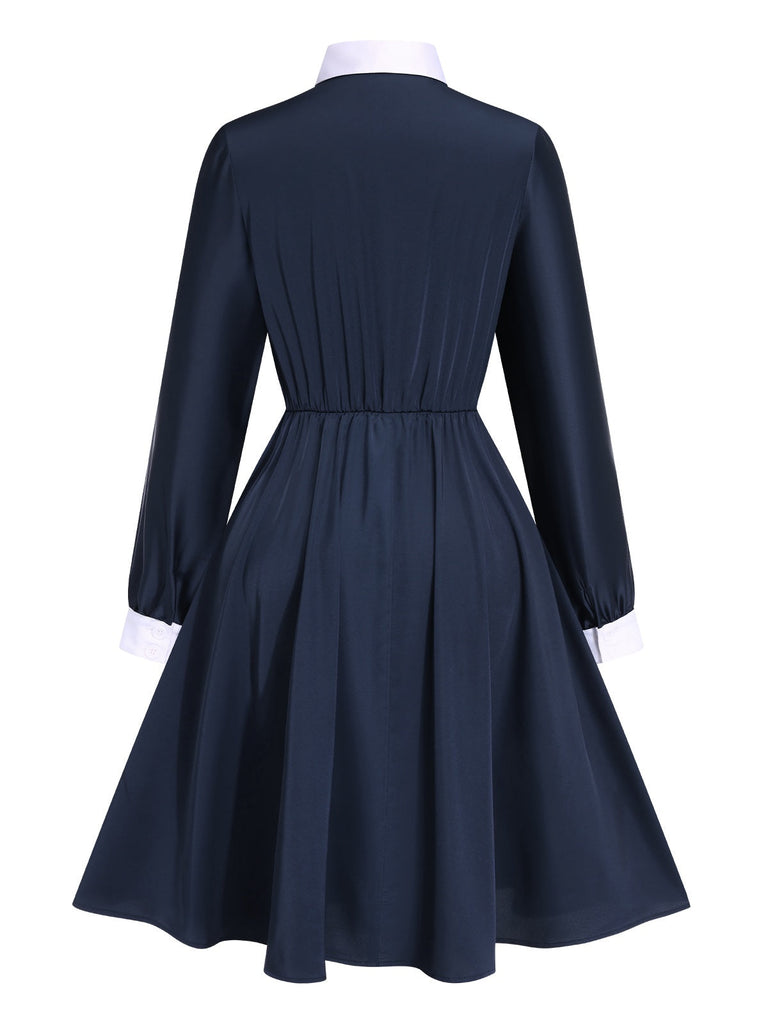 [Pré-vente] Robe à lacets en satin bleu à revers des années 40