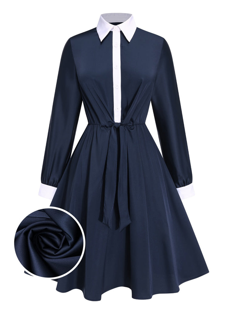 [Pré-vente] Robe à lacets en satin bleu à revers des années 40