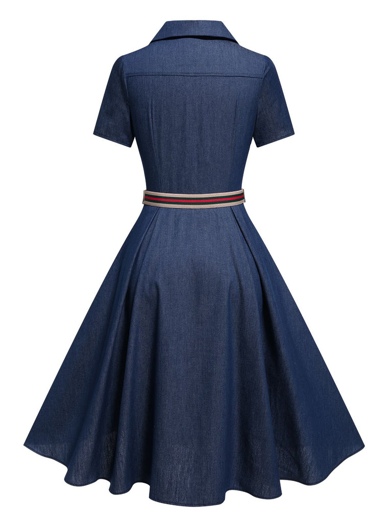 [Pré-vente] Robe en jean bleu uni à revers des années 1970