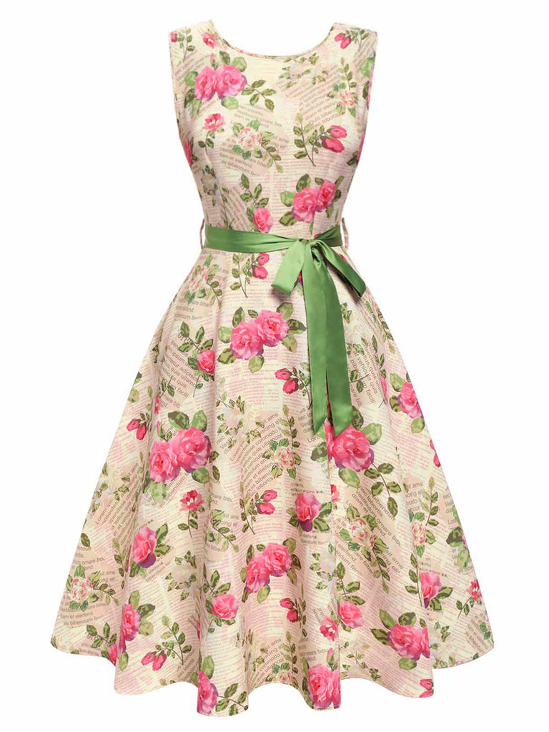 [Pré-vente] Robe ceinturée multicolore à imprimé rose des années 1950