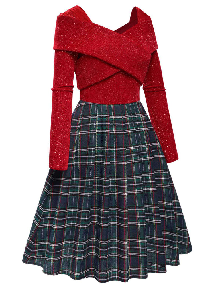 [Pré-vente] Robe plissée patchwork à carreaux tartan rouge des années 1950