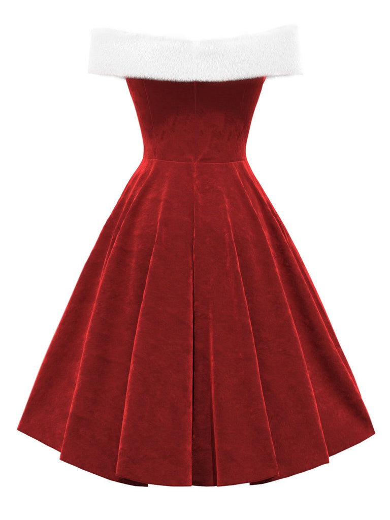 Robe de Noël rouge en velours à épaules dénudées des années 1950