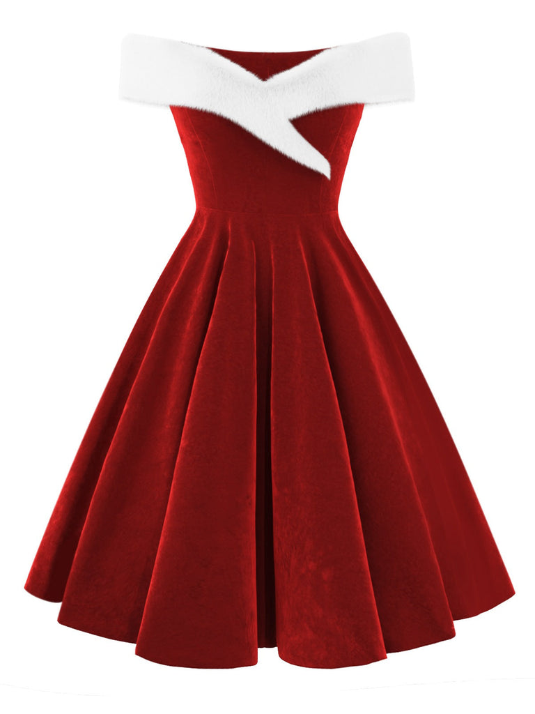 Robe de Noël rouge en velours à épaules dénudées des années 1950