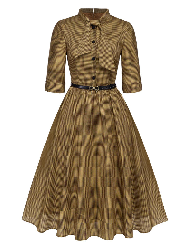 [Pré-vente] Robe ceinturée à carreaux marron des années 1950