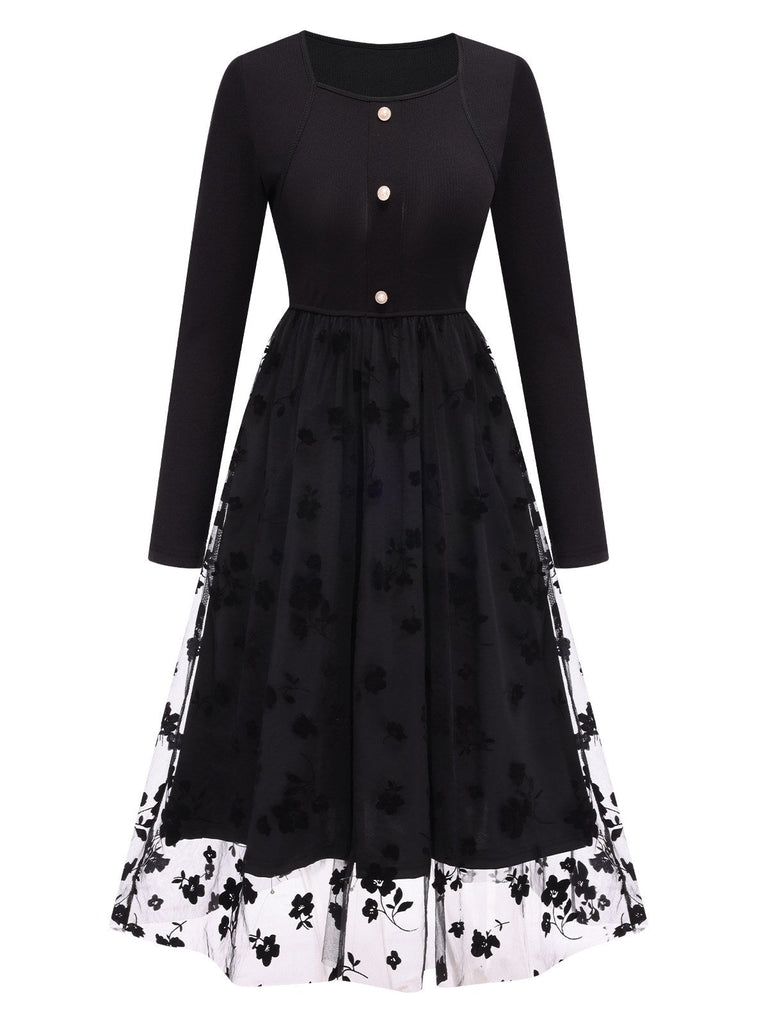 Robe patchwork en maille fleurie noire des années 1950