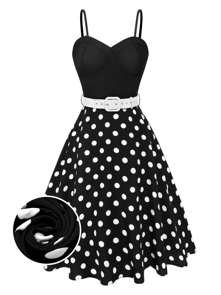 [Pré-vente] Robe noire à bretelles et pois avec ceinture des années 1950