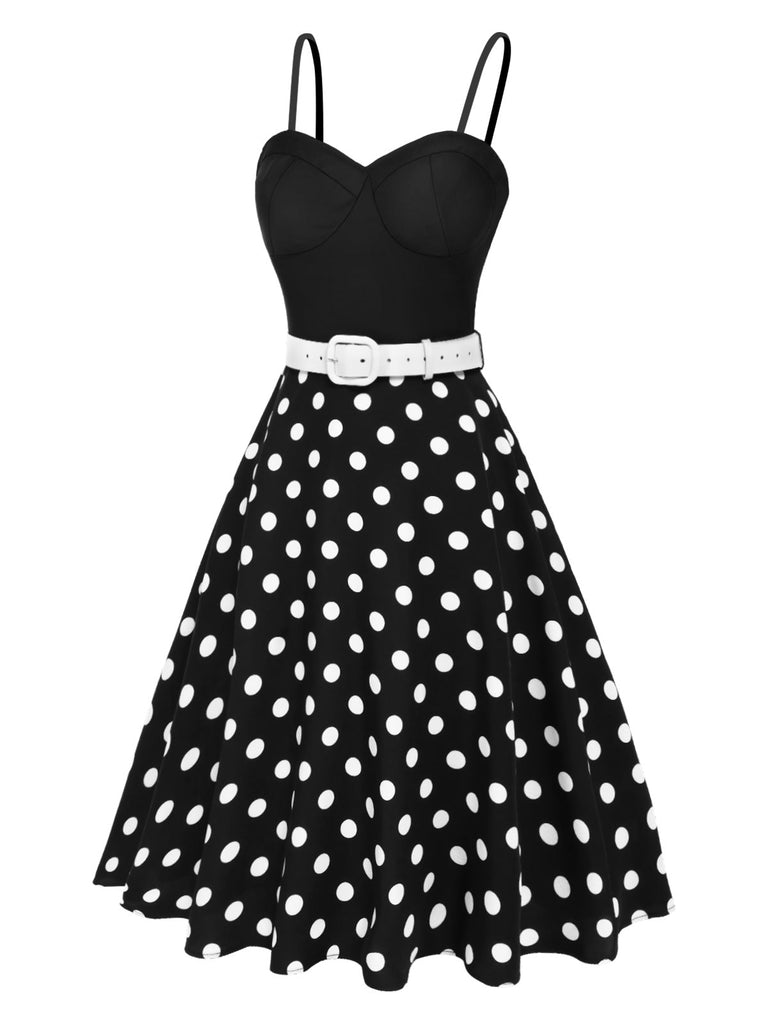 [Pré-vente] Robe noire à bretelles et pois avec ceinture des années 1950