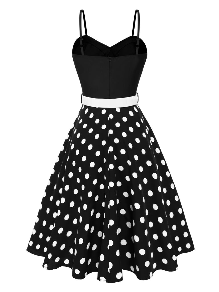 [Pré-vente] Robe noire à bretelles et pois avec ceinture des années 1950