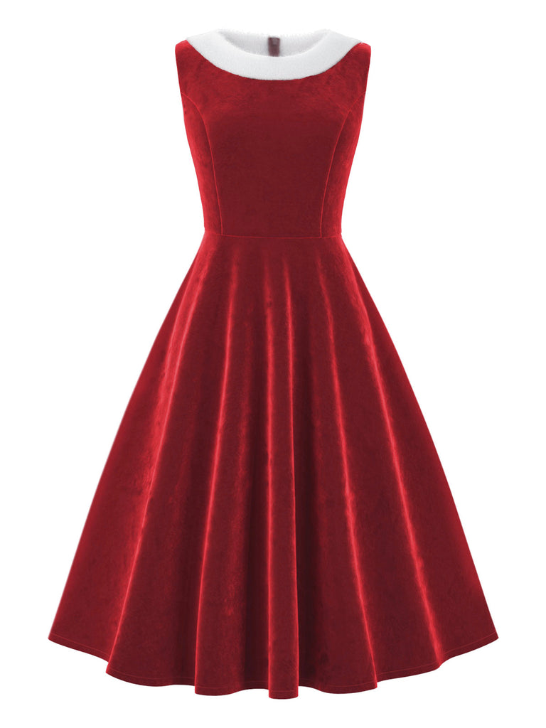 Robe en velours rouge à col en fourrure des années 1950