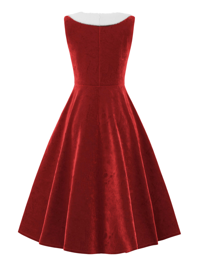 Robe en velours rouge à col en fourrure des années 1950