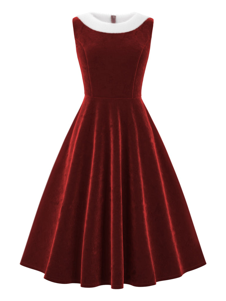 [Pré-vente] Robe en velours rouge à col en fourrure des années 1950