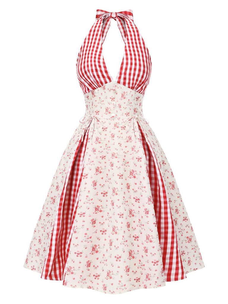 [Pré-vente] Robe licou à carreaux fleuris de campagne rouge des années 1950