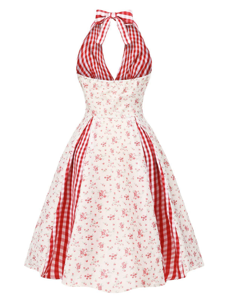 [Pré-vente] Robe licou à carreaux fleuris de campagne rouge des années 1950