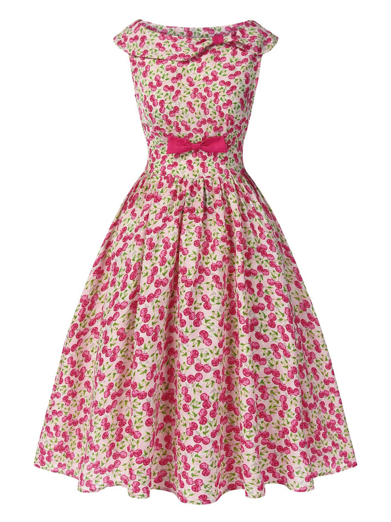 [Pré-vente] Robe trapèze sans manches rose à nœud cerise des années 1950