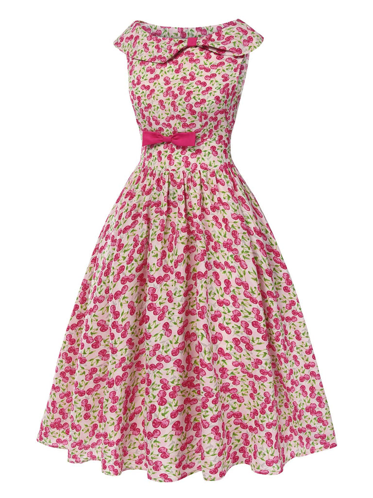 [Pré-vente] Robe trapèze sans manches rose à nœud cerise des années 1950