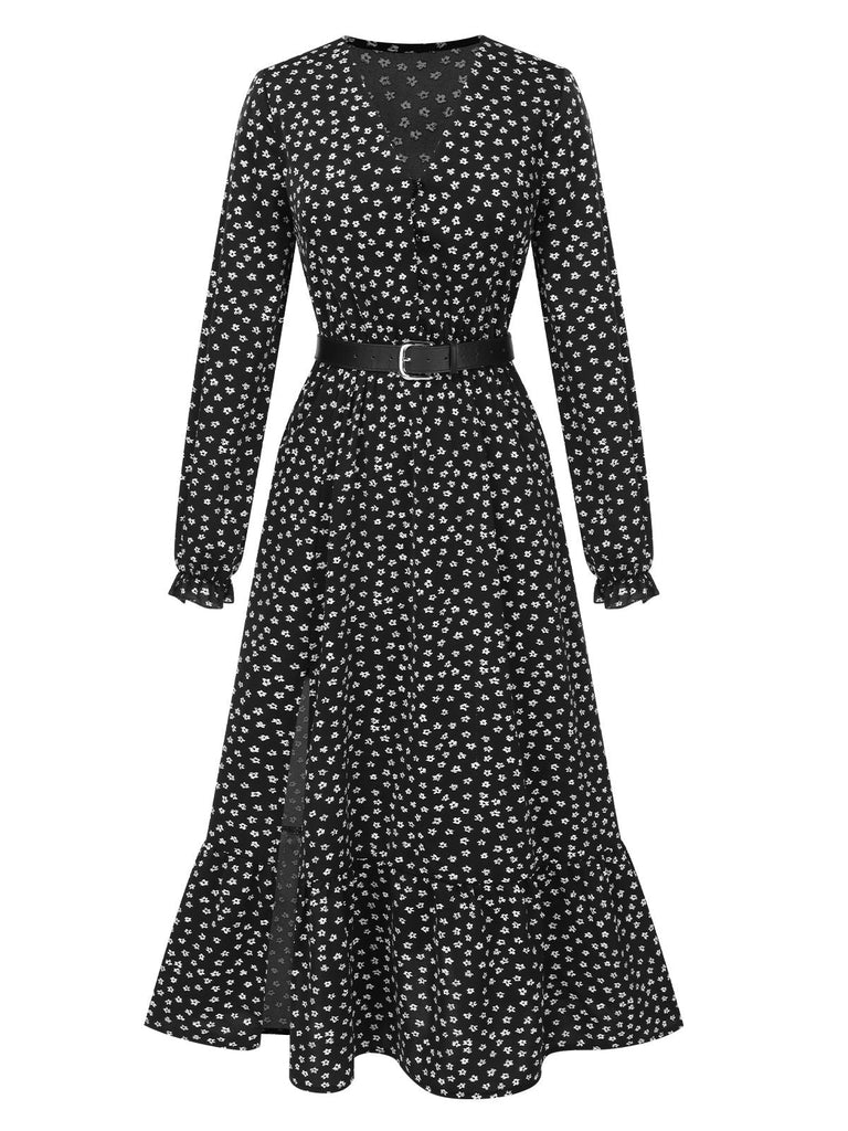 Robe noire à ceinture et motif floral fendu des années 40