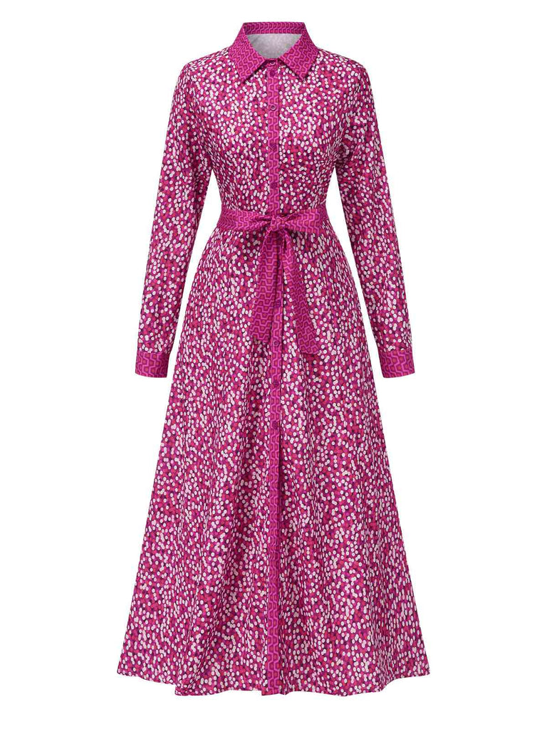 Robe longue à pois et revers rouge rose des années 1930