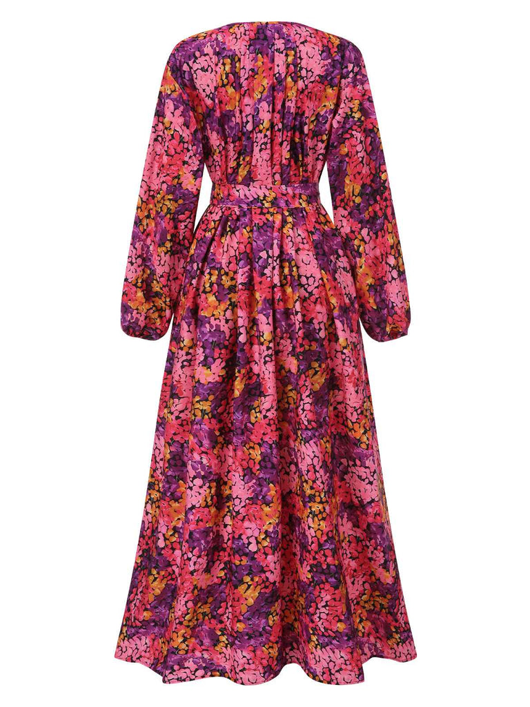 Robe fleurie ceinturée style bohème années 1930 rouge rose