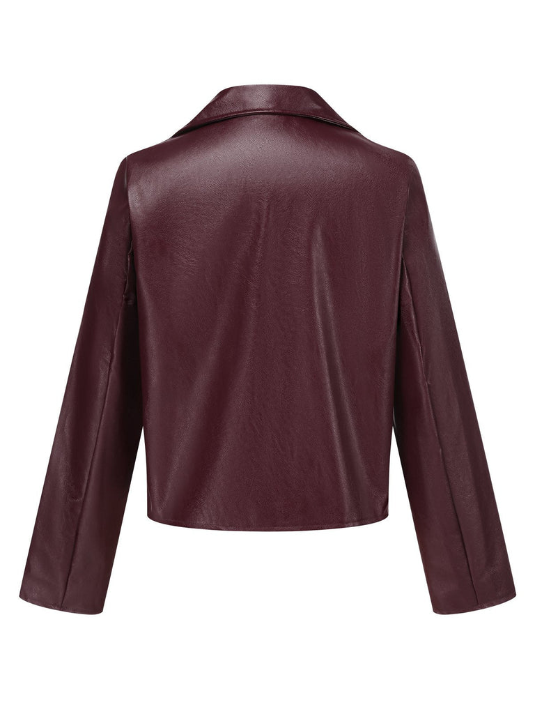 Manteau en cuir rouge vin à col cranté des années 40