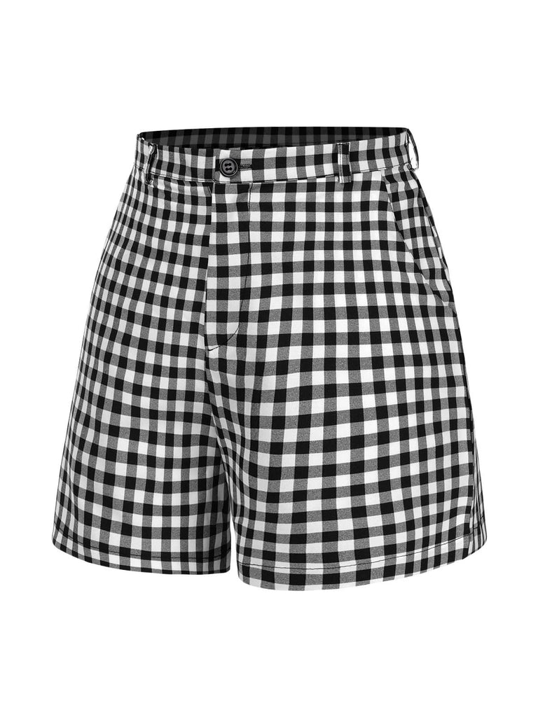 [Pré-vente] 2PCS chemisier sans manches rose et short à carreaux noir des années 60