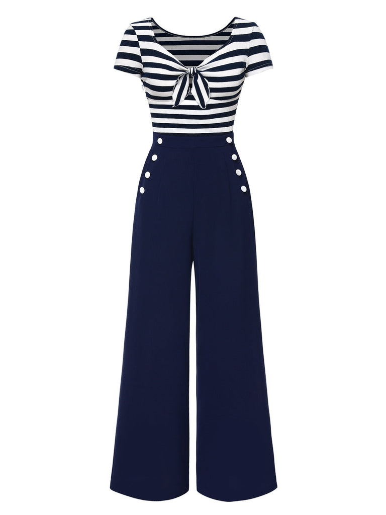 [Pre-Sale] Blue 1950s Hollow Bow Stripe Patchwork Jumpsuit