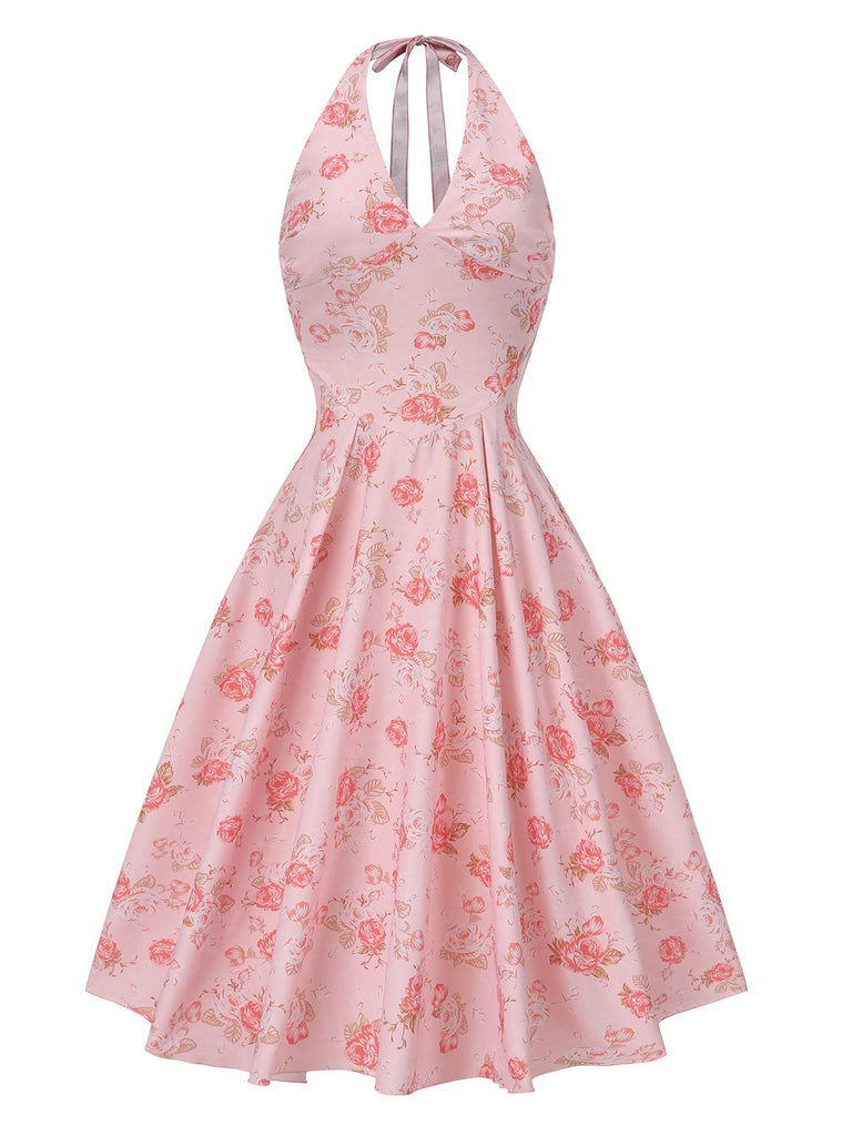 Robe licou à col en V et motif floral rose des années 1950