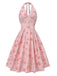 Robe licou à col en V et motif floral rose des années 1950