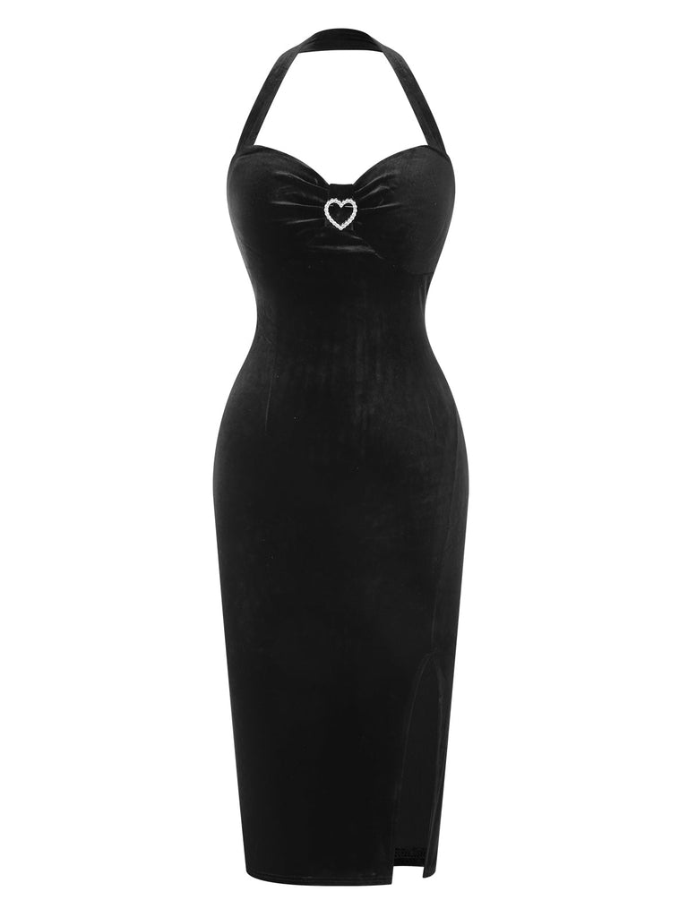 Robe en velours noir des années 60 avec broche en strass en forme de cœur