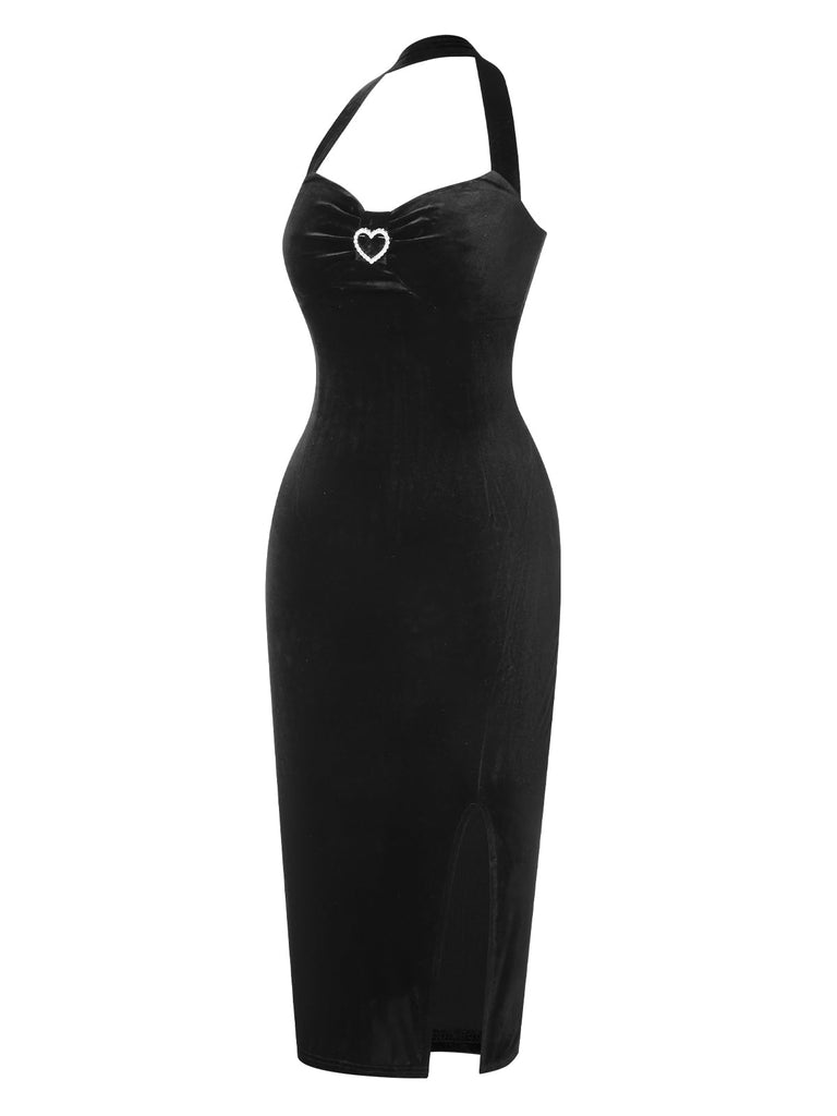 Robe en velours noir des années 60 avec broche en strass en forme de cœur