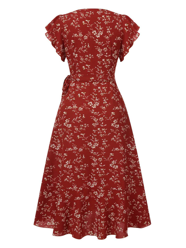 Robe à fleurs à col V manches évasées rouge vin des années 1940