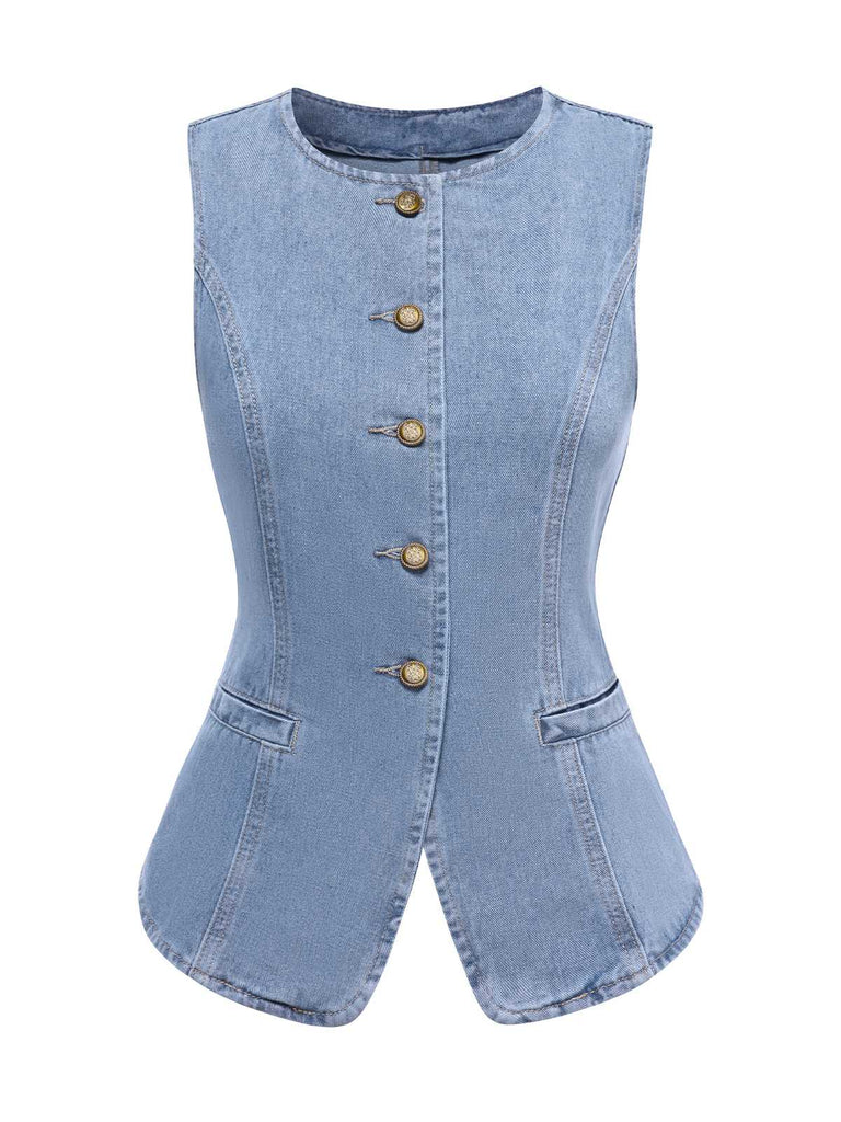 Gilet en jean bleu à boutons vintage des années 40