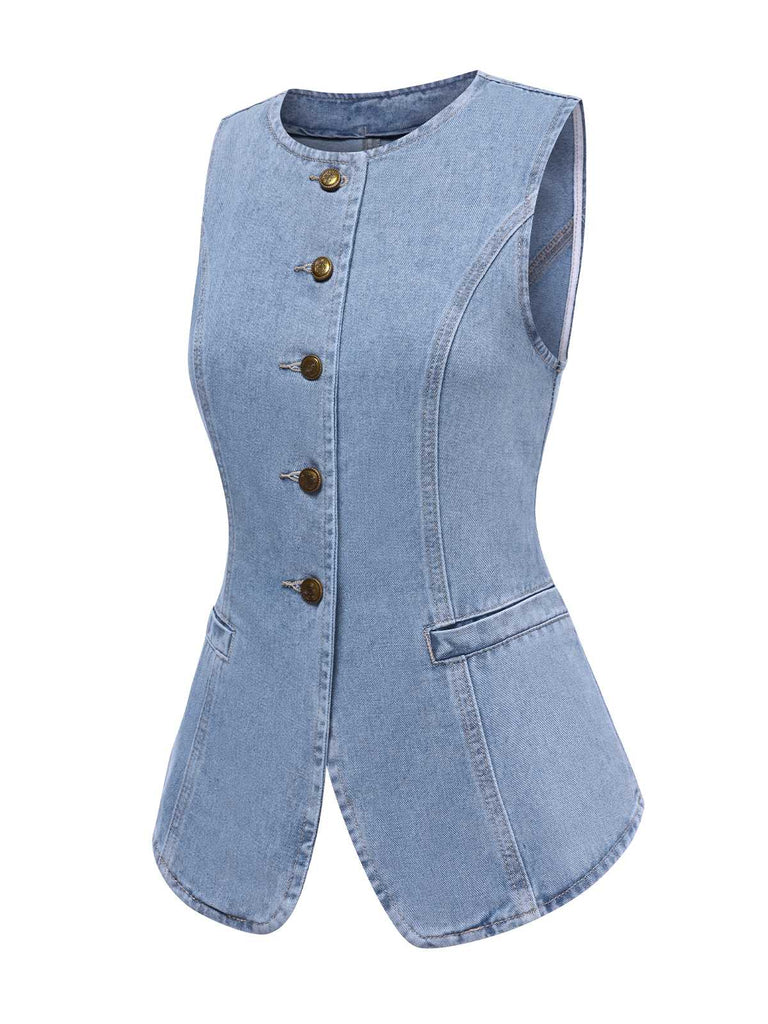 Gilet en jean bleu à boutons vintage des années 40