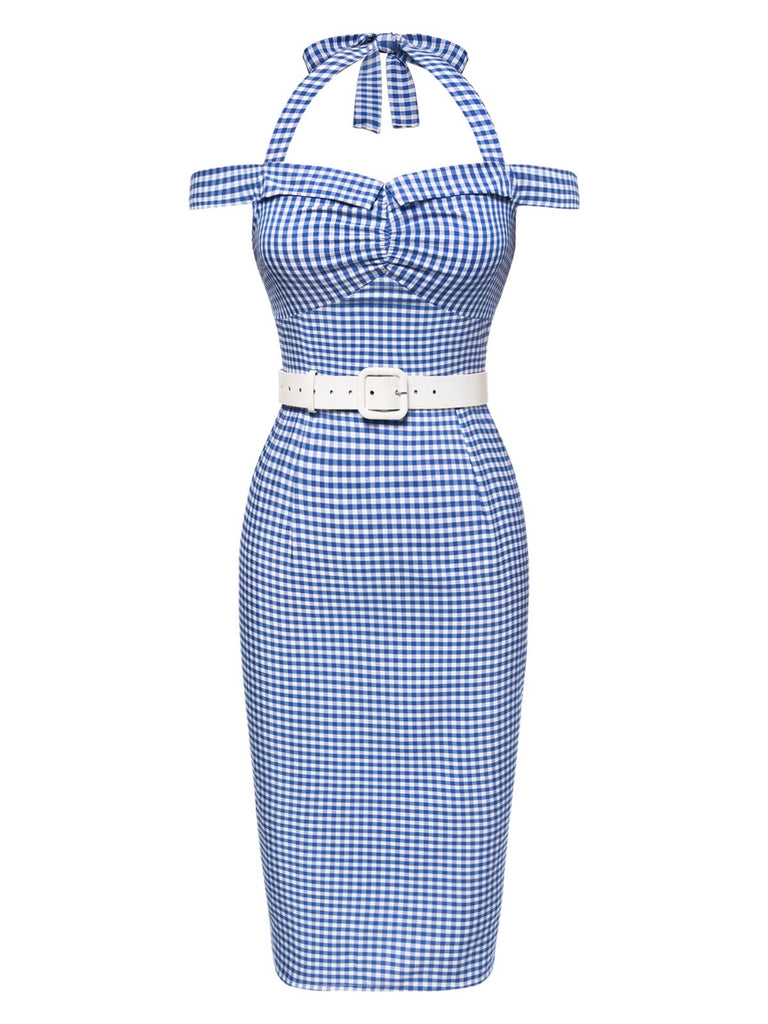 [Pré-vente] Robe crayon à carreaux bleu licou à épaules dénudées des années 1960