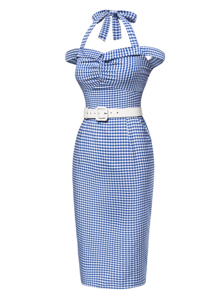 [Pré-vente] Robe crayon à carreaux bleu licou à épaules dénudées des années 1960