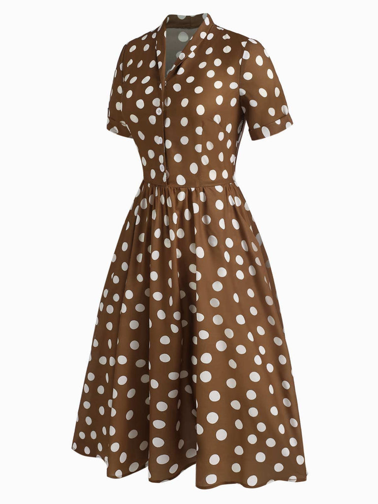 [Pré-vente] Robe marron à pois avec poches et boutons à revers des années 40