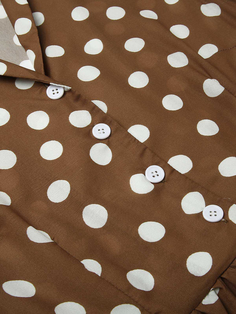 [Pré-vente] Robe marron à pois avec poches et boutons à revers des années 40