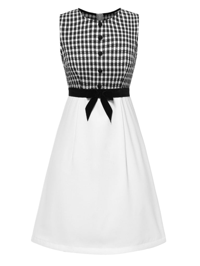 [Prévente] Robe patchwork à carreaux noir et blanc avec nœud des années 1960