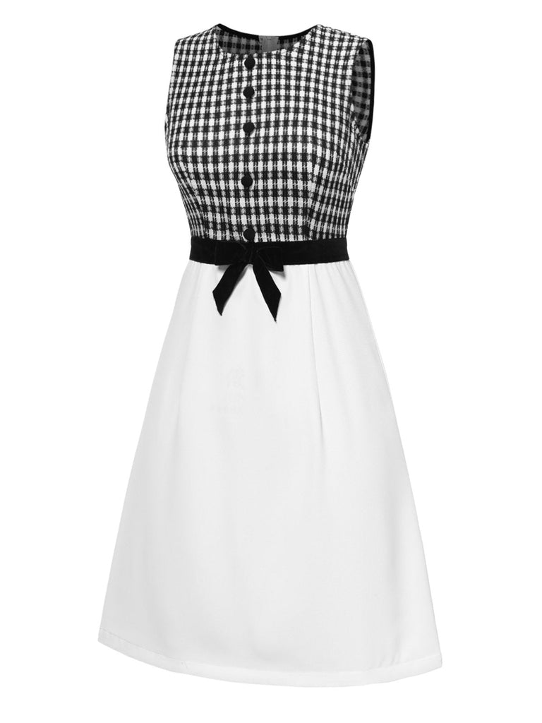 [Prévente] Robe patchwork à carreaux noir et blanc avec nœud des années 1960