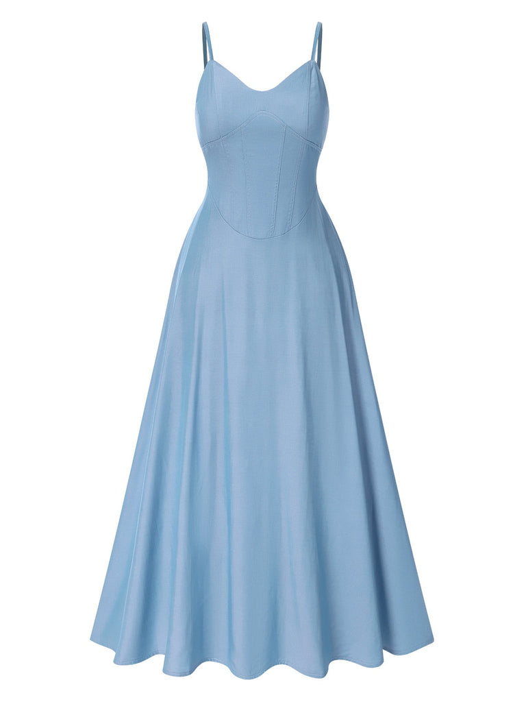 Robe en coton bleu clair à bretelles unies des années 1930