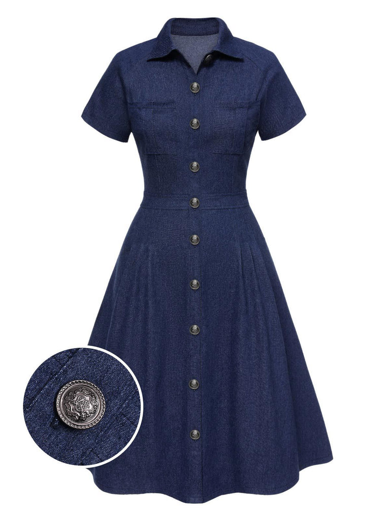 [Prévente] Robe chemise boutonnée en denim de coton bleu années 1950