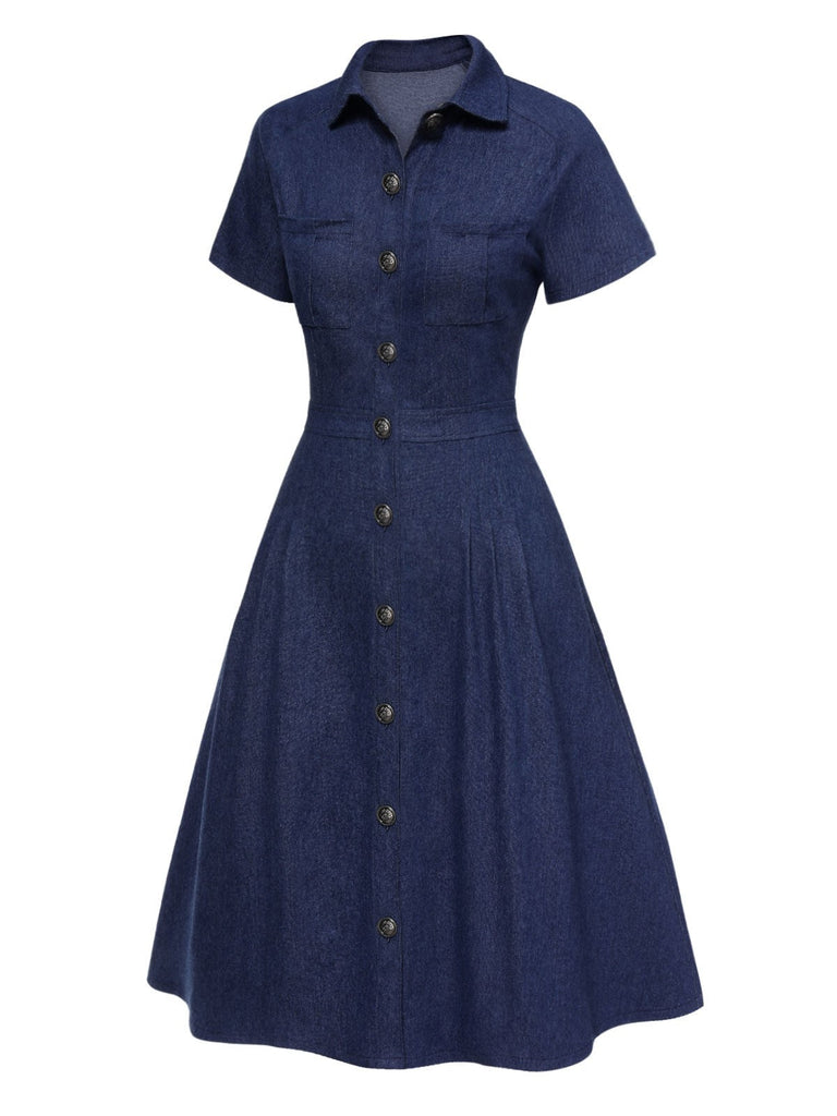 [Prévente] Robe chemise boutonnée en denim de coton bleu années 1950