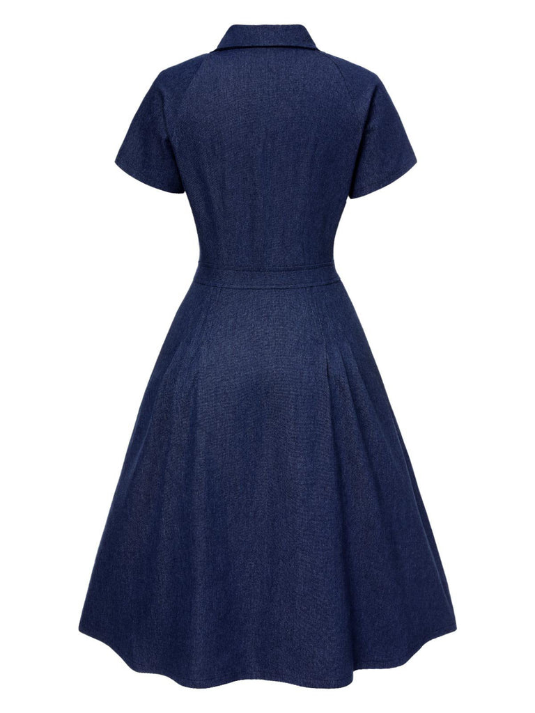 [Prévente] Robe chemise boutonnée en denim de coton bleu années 1950