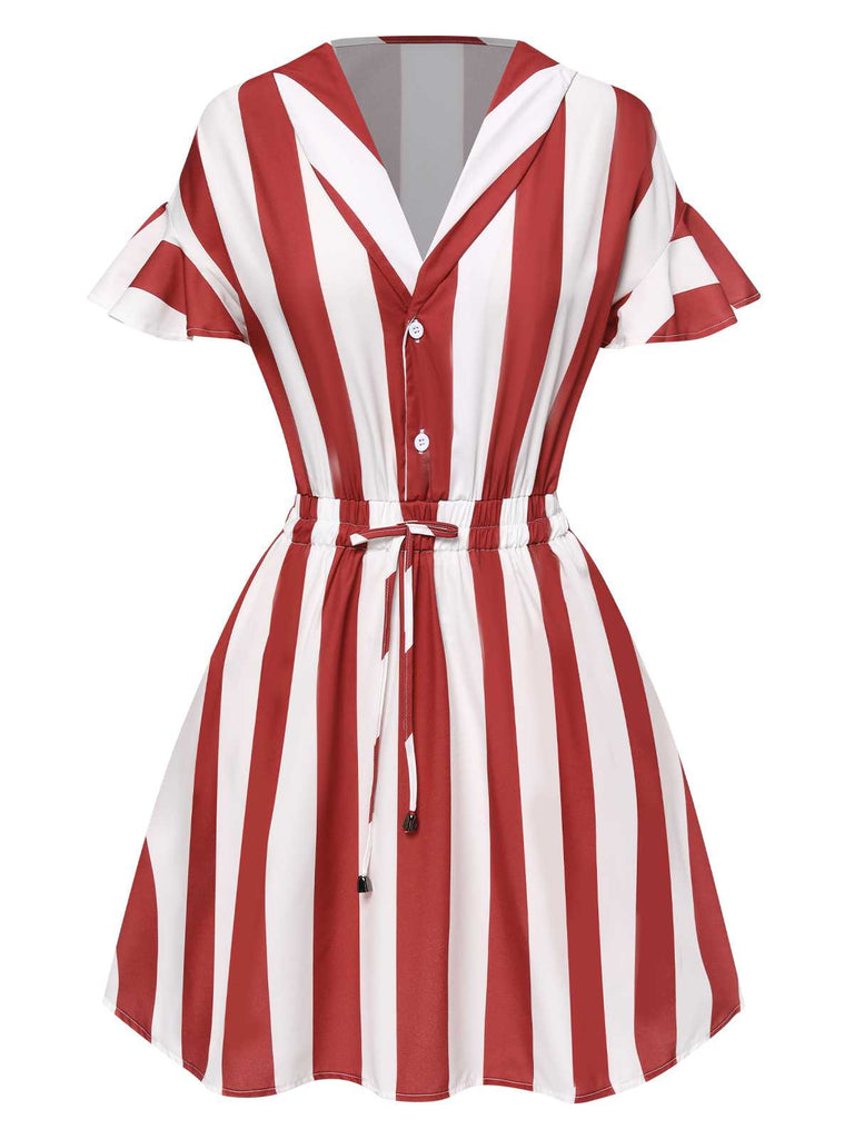 Robe rayée rouge et blanche à revers des années 1950