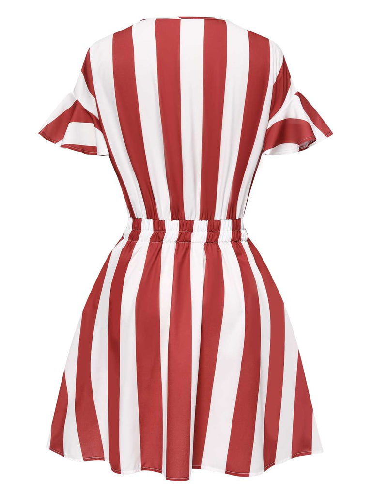 Robe rayée rouge et blanche à revers des années 1950