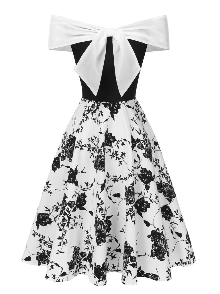 [Pré-vente] Robe noire et blanc à épaules dénudées à fleurs des années 1950