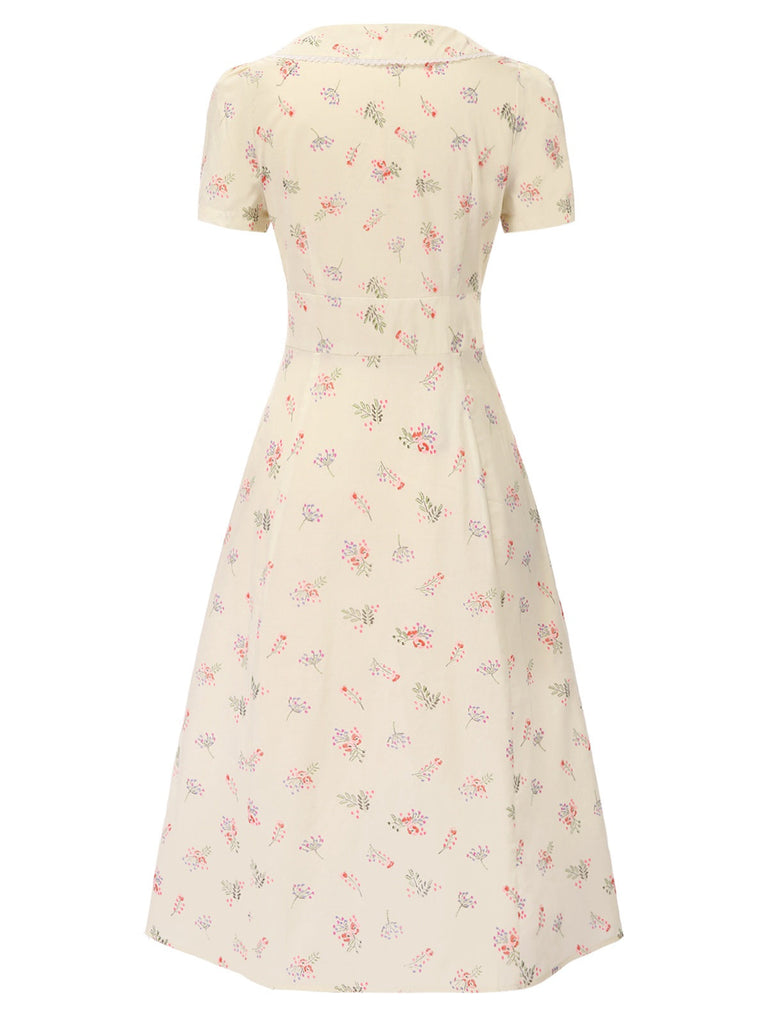 [Prévente] Robe beige à manches bouffantes et revers fleuris des années 1940